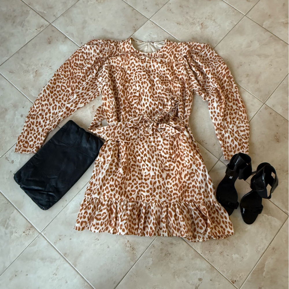 Ulla Johnson Tan and Cream Animal Print Long Sleeve Mini Dress